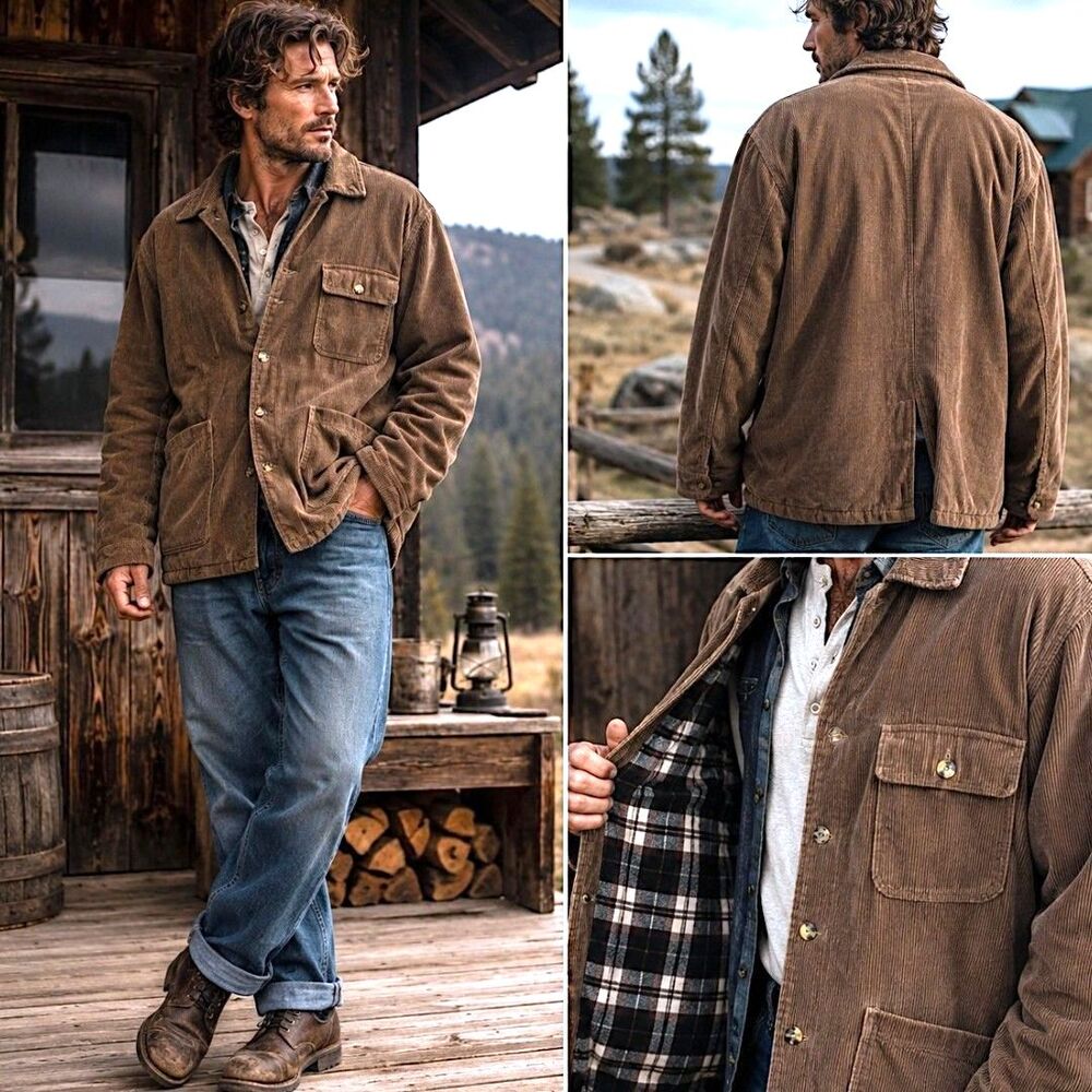 Scandia Woods XL Corduroy Barn Coat Brown Plaid Lined Chore Jacket Workwear